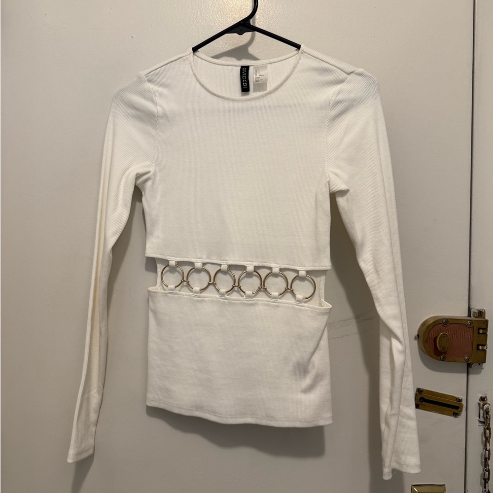 H&M White Long-Sleeve Cutout Top with Ring Detail